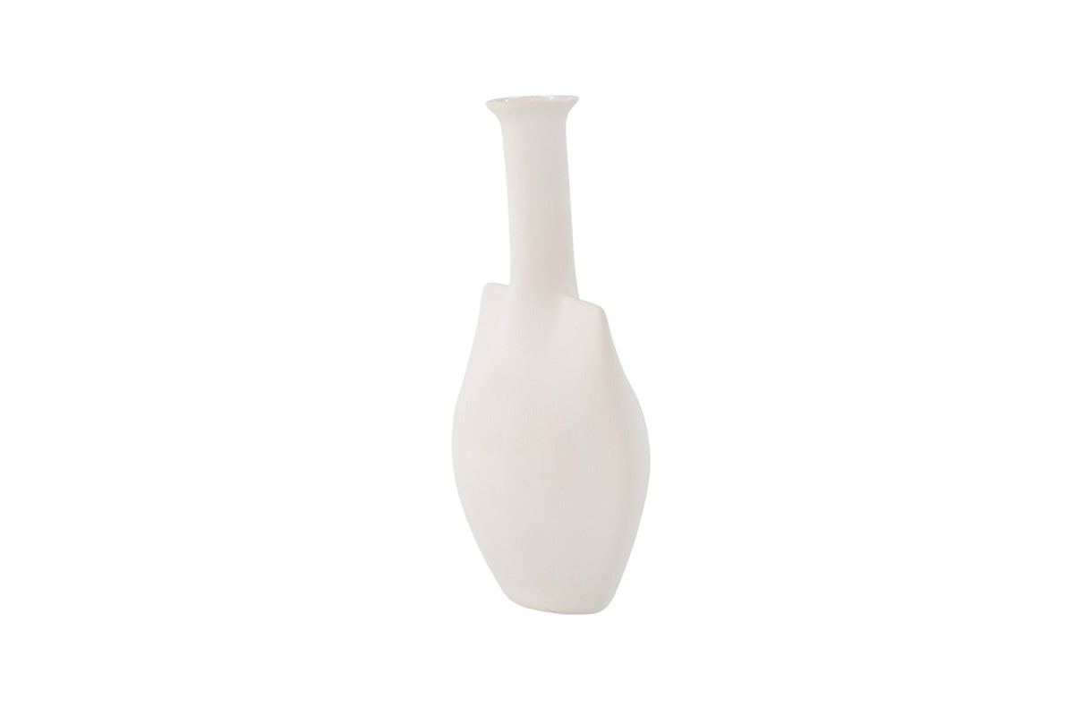 Cremefarbene Steinzeug-Vase mit schlankem, langem Hals und bauchiger Basis, Modell Madi von Venture Home, Off-White-Ton.