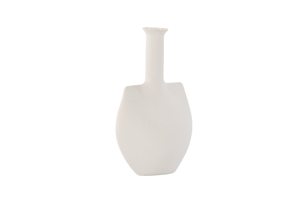 Cremefarbene Steinzeug-Vase mit schlankem, langem Hals und bauchiger Basis, Modell Madi von Venture Home, Off-White-Ton.