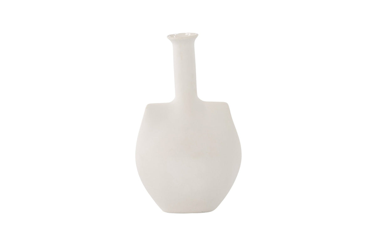 Cremefarbene Steinzeug-Vase mit schlankem, langem Hals und bauchiger Basis, Modell Madi von Venture Home, Off-White-Ton.