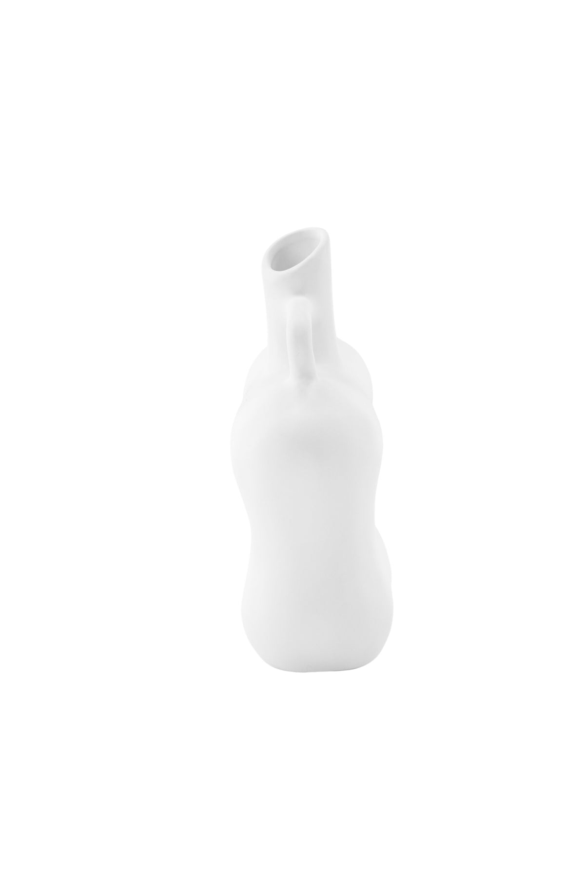 Weisse Vase Dity aus Steinzeug mit schmaler Öffnung, schlanker Form und glatter Oberfläche, freigestellt fotografiert.