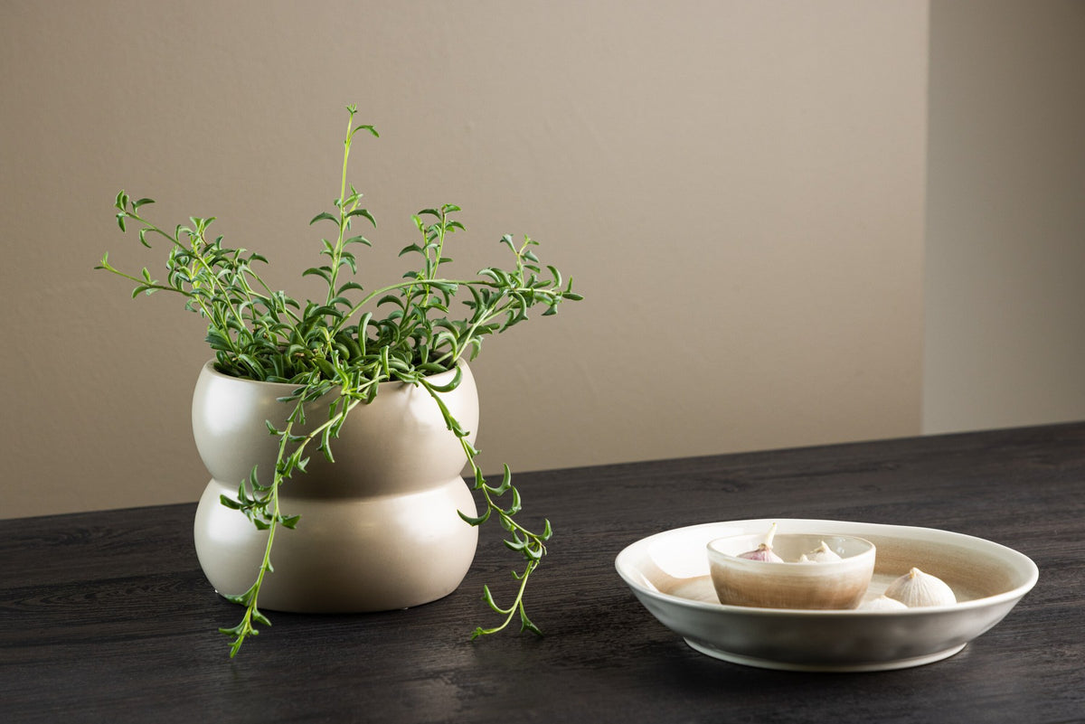 Dapne Vase von Venture Home aus Steinzeug in Schwarz-Weiss, rundliche Form mit einem Durchmesser von 16 cm und einer Höhe von 13 cm.