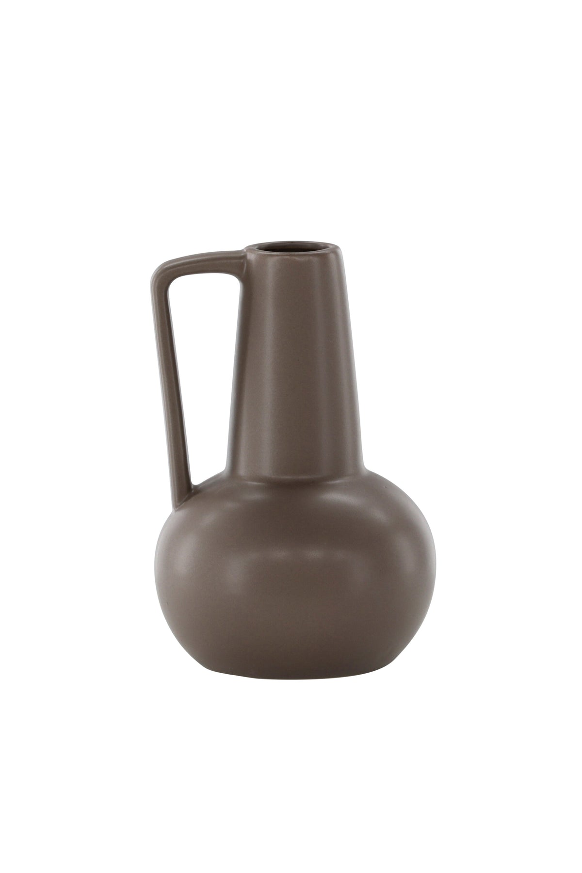 Zylindrische Vase aus Steinzeug in Beige und Schwarz mit seitlichem Griff, matte Oberfläche, Höhe 22 cm, Durchmesser 10 cm.