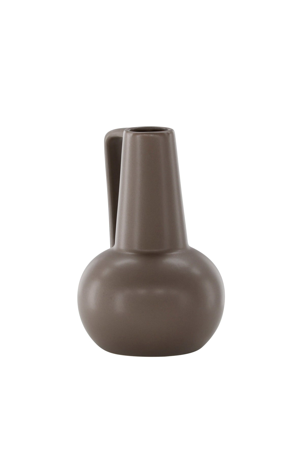 Zylindrische Vase aus Steinzeug in Beige und Schwarz mit seitlichem Griff, matte Oberfläche, Höhe 22 cm, Durchmesser 10 cm.