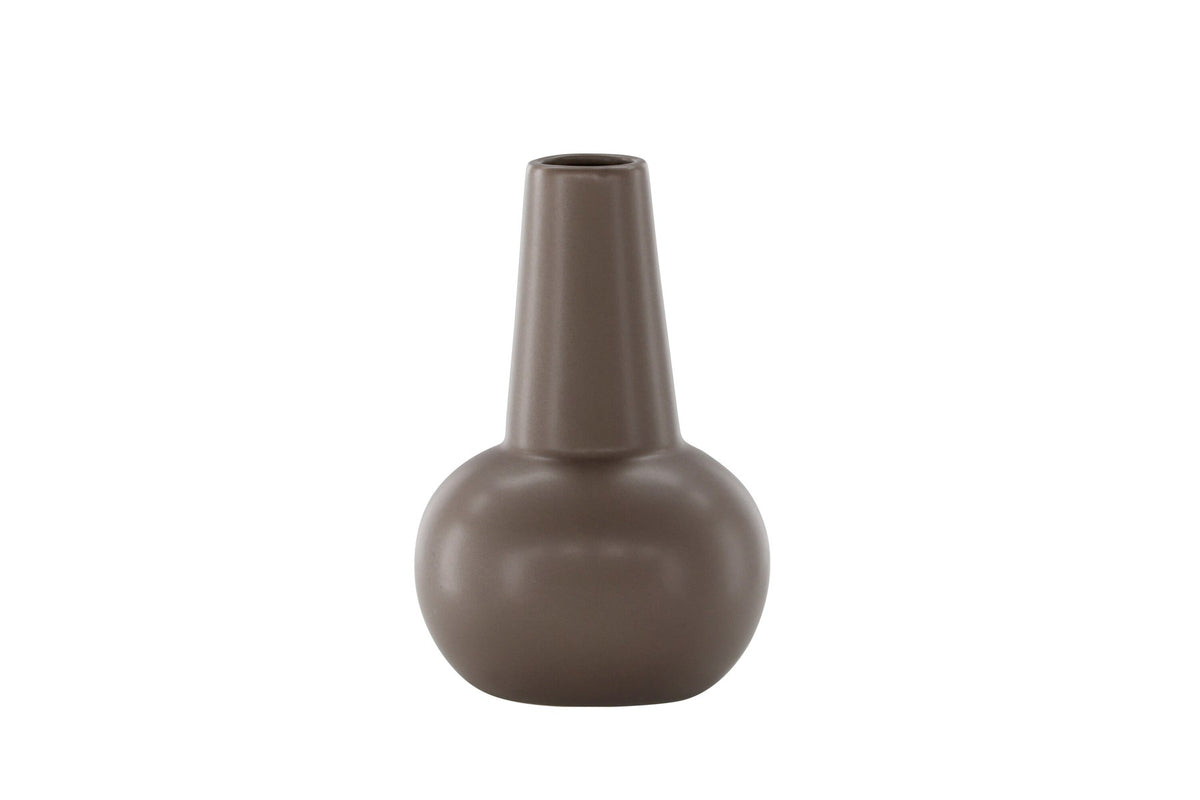 Zylindrische Vase aus Steinzeug in Beige und Schwarz mit seitlichem Griff, matte Oberfläche, Höhe 22 cm, Durchmesser 10 cm.