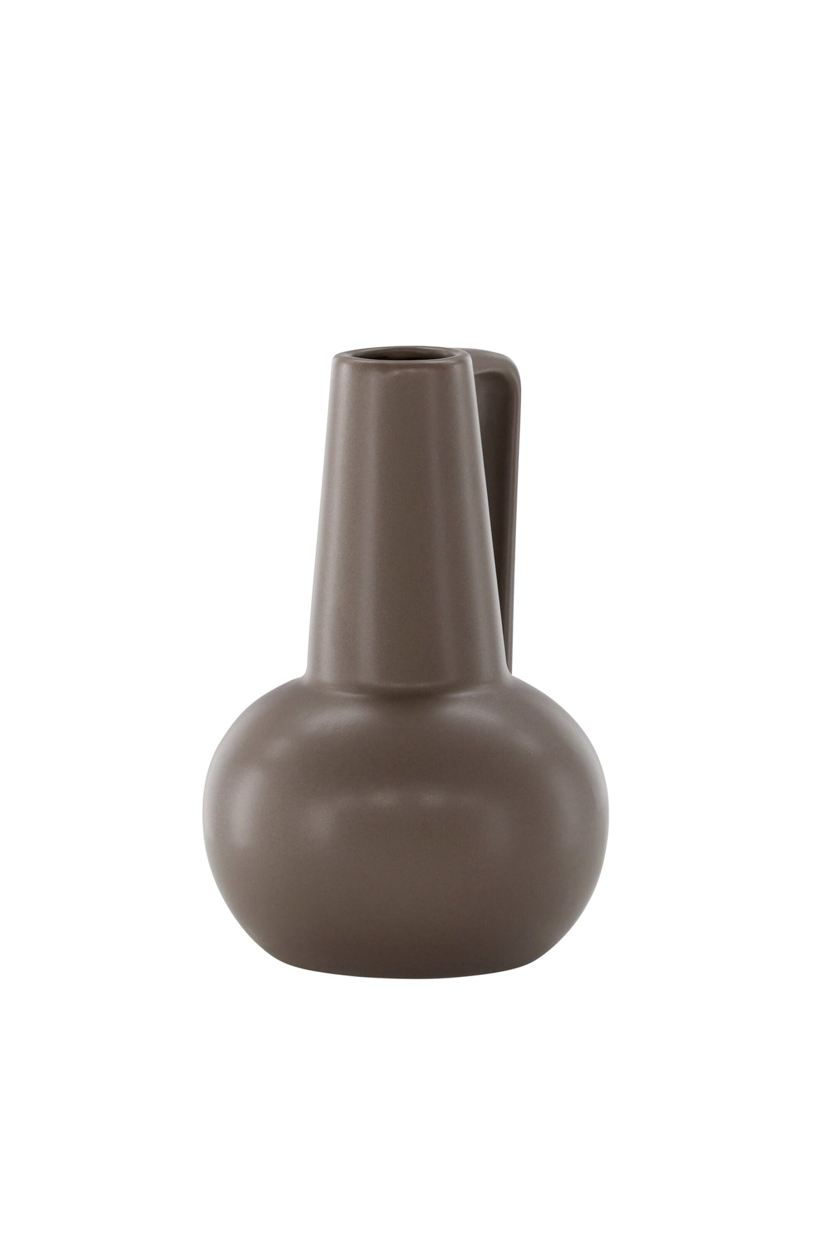 Zylindrische Vase aus Steinzeug in Beige und Schwarz mit seitlichem Griff, matte Oberfläche, Höhe 22 cm, Durchmesser 10 cm.