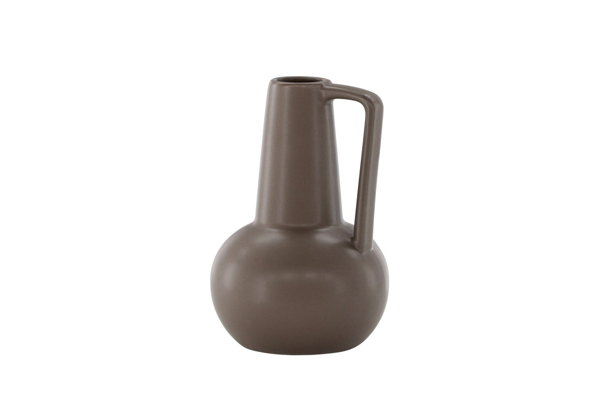 Zylindrische Vase aus Steinzeug in Beige und Schwarz mit seitlichem Griff, matte Oberfläche, Höhe 22 cm, Durchmesser 10 cm.