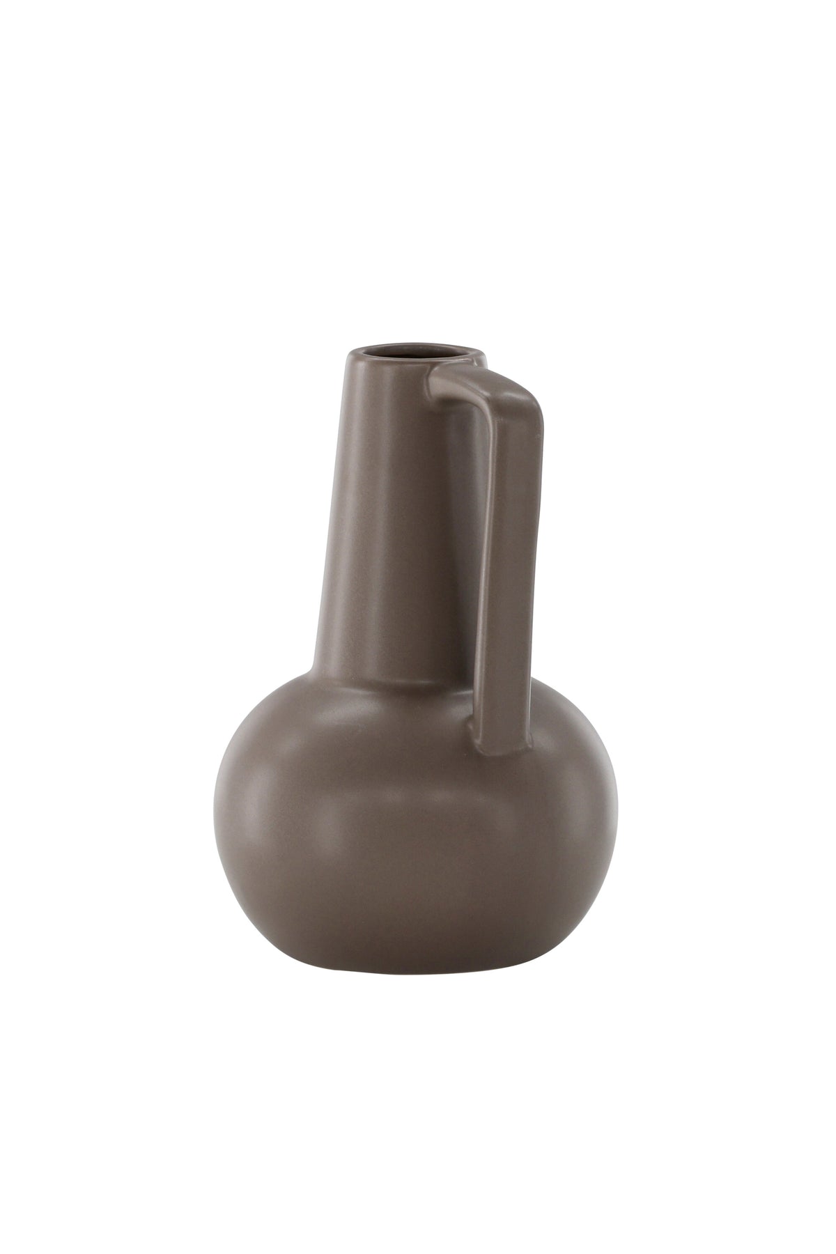 Zylindrische Vase aus Steinzeug in Beige und Schwarz mit seitlichem Griff, matte Oberfläche, Höhe 22 cm, Durchmesser 10 cm.