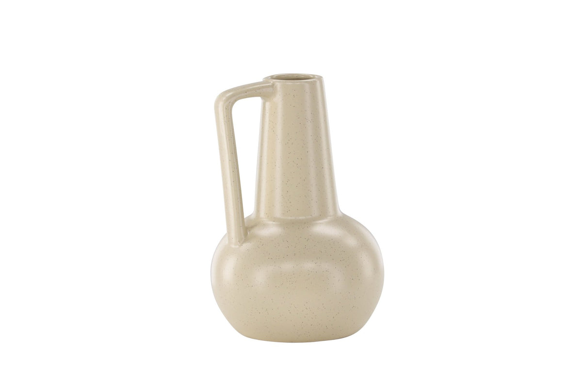 Zylindrische Vase aus Steinzeug in Beige und Schwarz mit seitlichem Griff, matte Oberfläche, Höhe 22 cm, Durchmesser 10 cm.