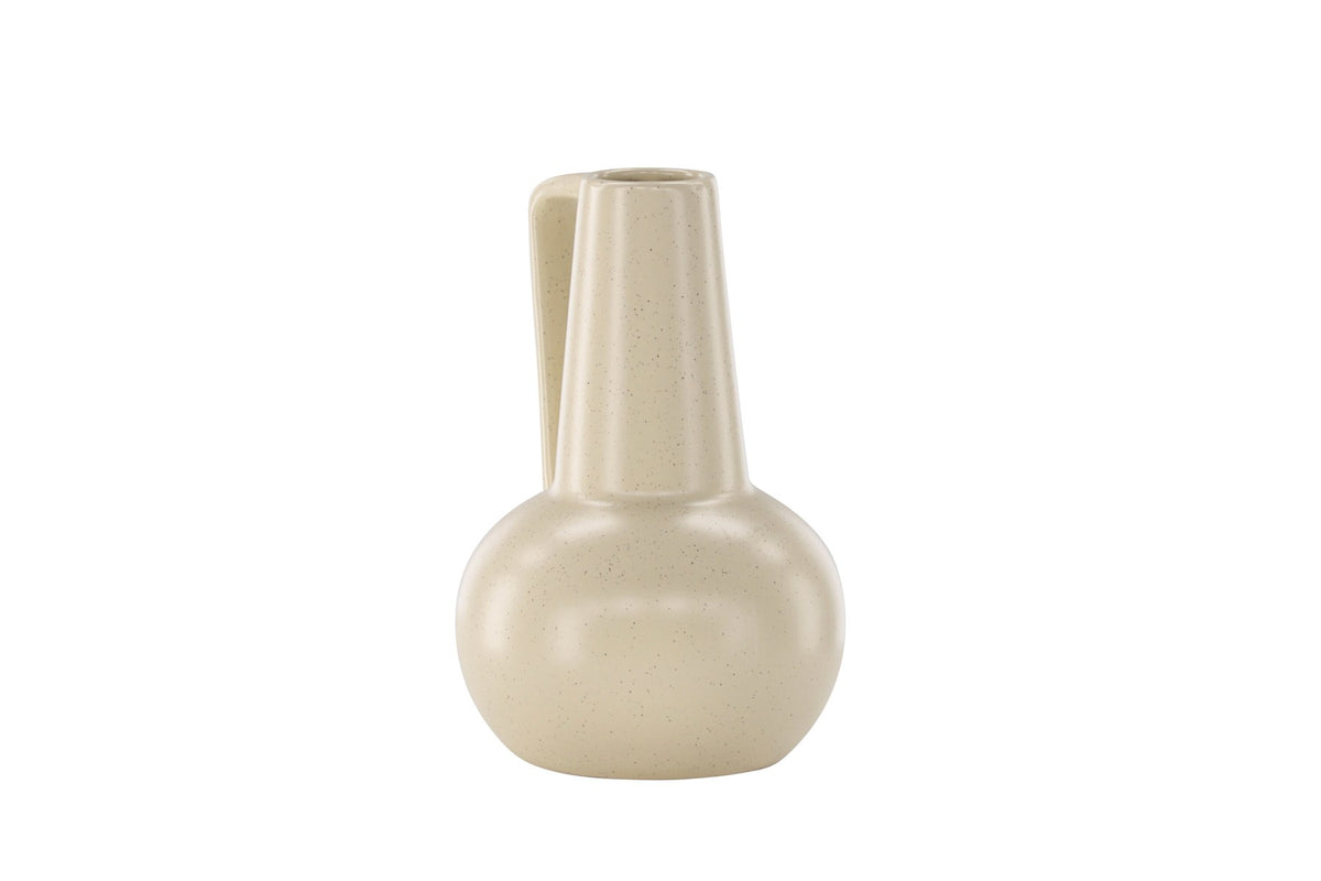 Zylindrische Vase aus Steinzeug in Beige und Schwarz mit seitlichem Griff, matte Oberfläche, Höhe 22 cm, Durchmesser 10 cm.