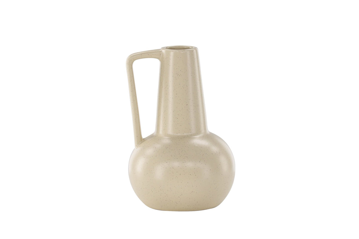 Zylindrische Vase aus Steinzeug in Beige und Schwarz mit seitlichem Griff, matte Oberfläche, Höhe 22 cm, Durchmesser 10 cm.