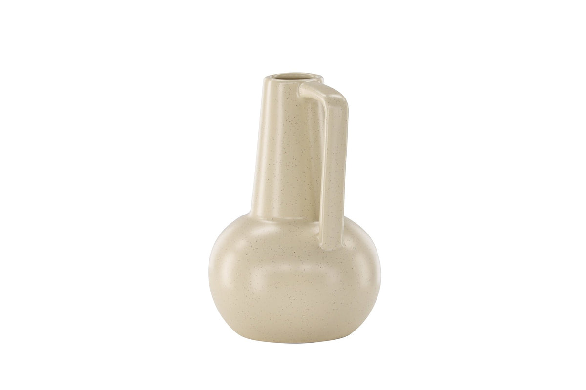 Zylindrische Vase aus Steinzeug in Beige und Schwarz mit seitlichem Griff, matte Oberfläche, Höhe 22 cm, Durchmesser 10 cm.