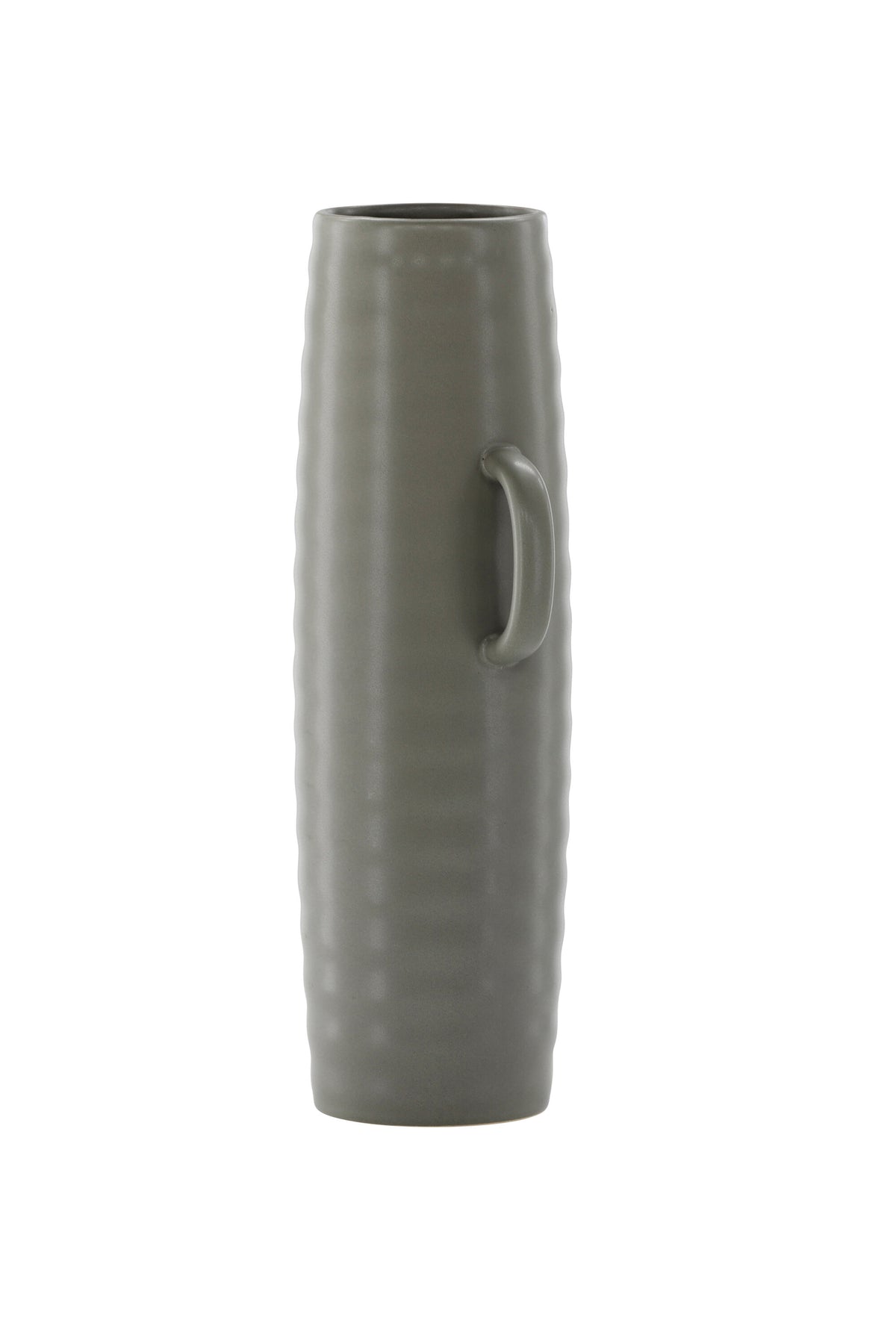 Beige Cent Vase von Venture Home aus Steinzeug mit wellenförmiger Struktur und zwei asymmetrisch angebrachten Griffen an den Seiten.