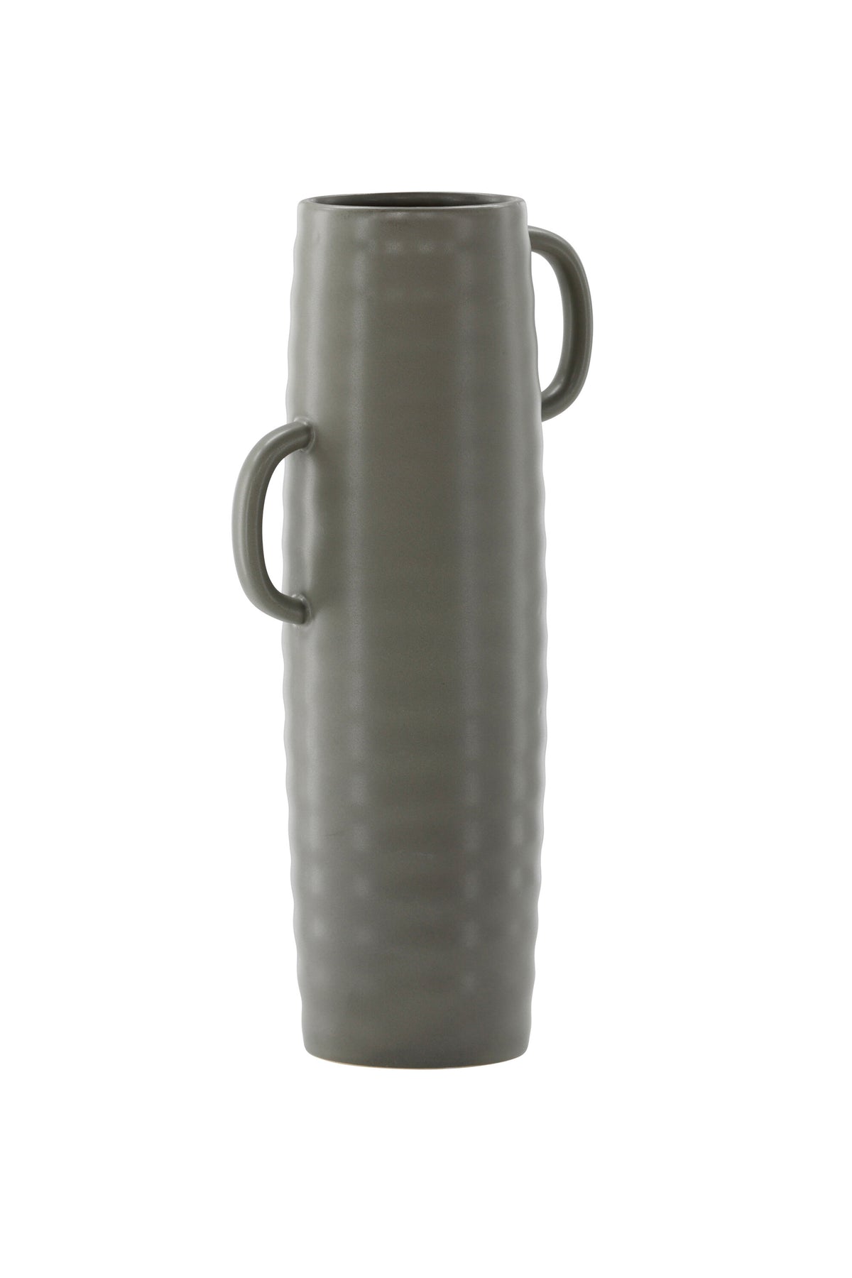 Beige Cent Vase von Venture Home aus Steinzeug mit wellenförmiger Struktur und zwei asymmetrisch angebrachten Griffen an den Seiten.