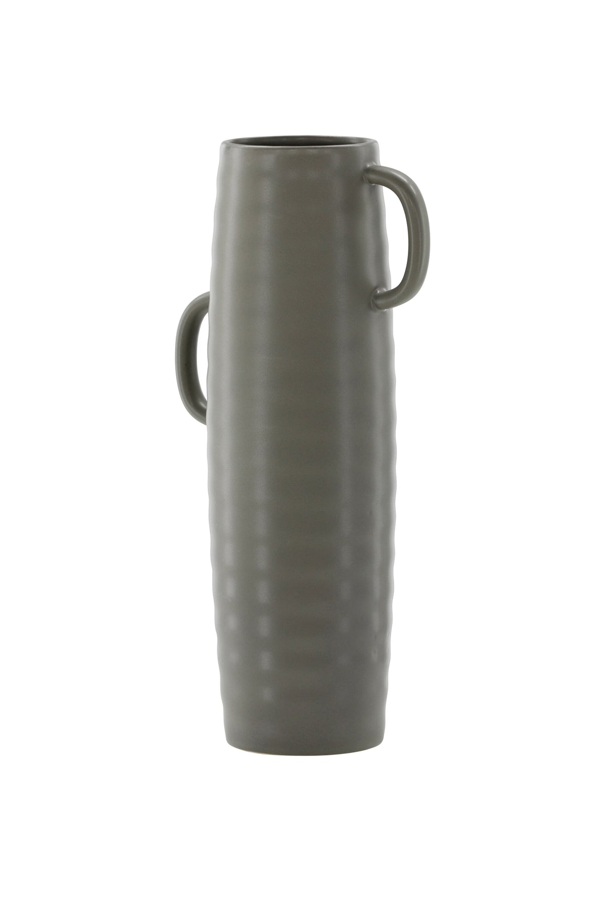 Beige Cent Vase von Venture Home aus Steinzeug mit wellenförmiger Struktur und zwei asymmetrisch angebrachten Griffen an den Seiten.