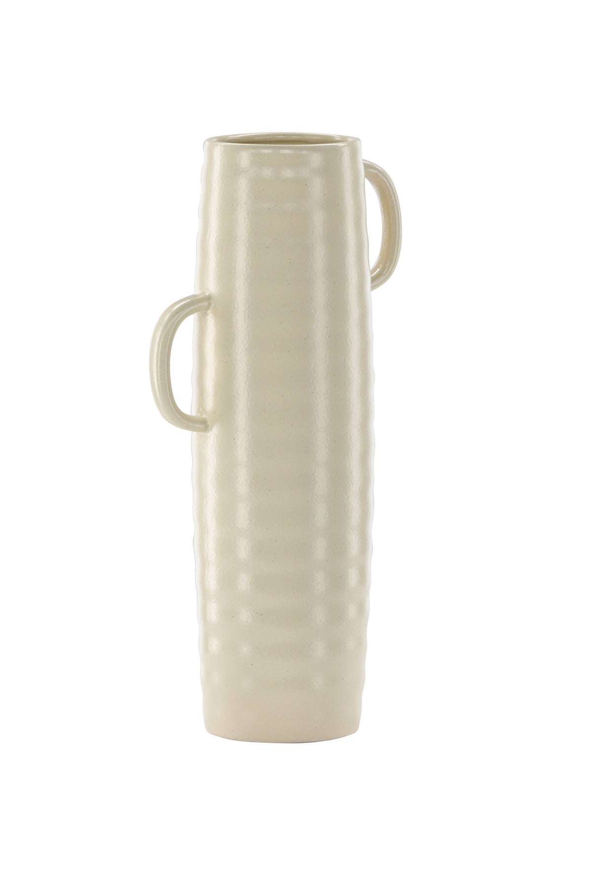 Beige Cent Vase von Venture Home aus Steinzeug mit wellenförmiger Struktur und zwei asymmetrisch angebrachten Griffen an den Seiten.
