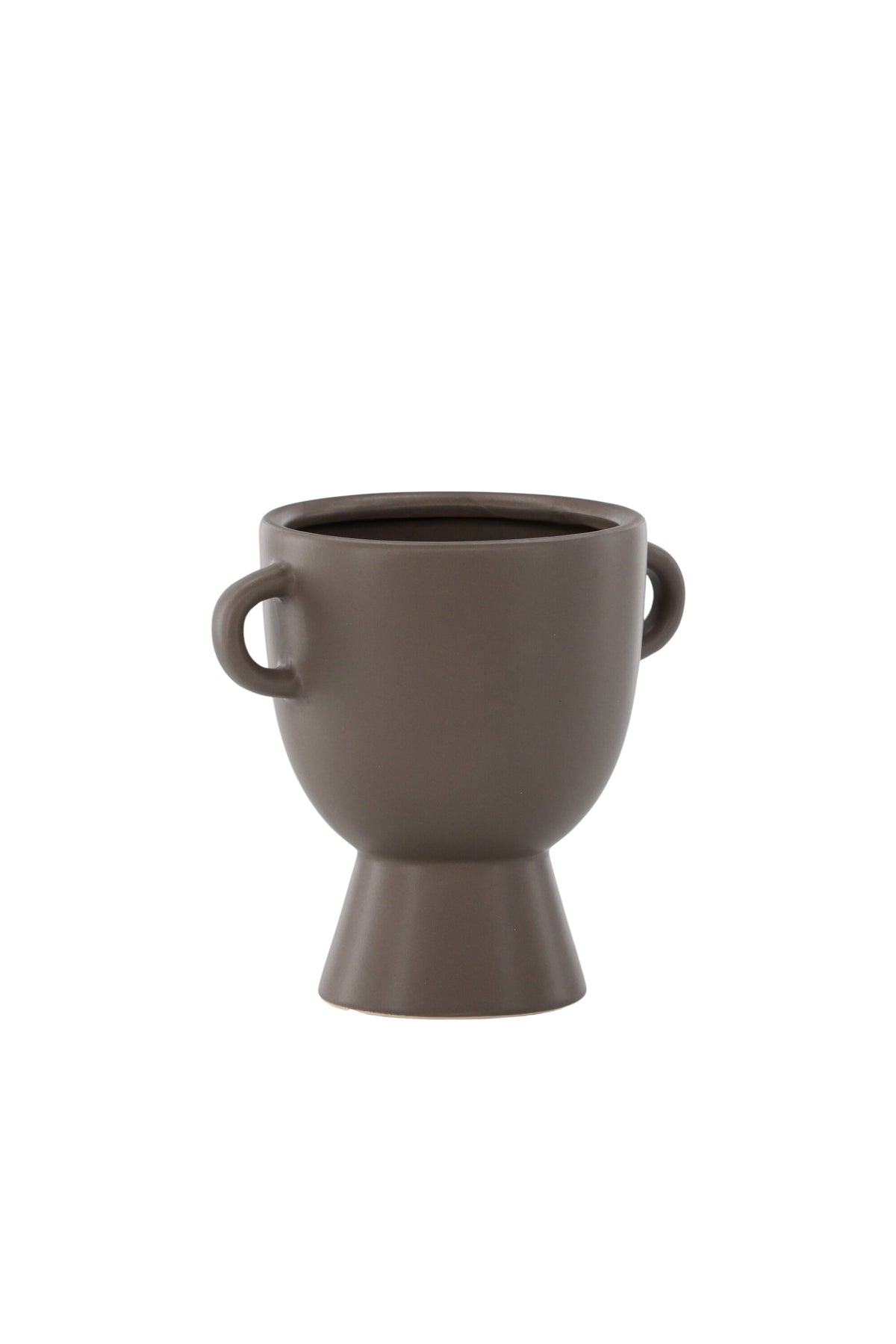 Beige Cent Vase von Venture Home aus Steinzeug mit wellenförmiger Struktur und zwei asymmetrisch angebrachten Griffen an den Seiten.