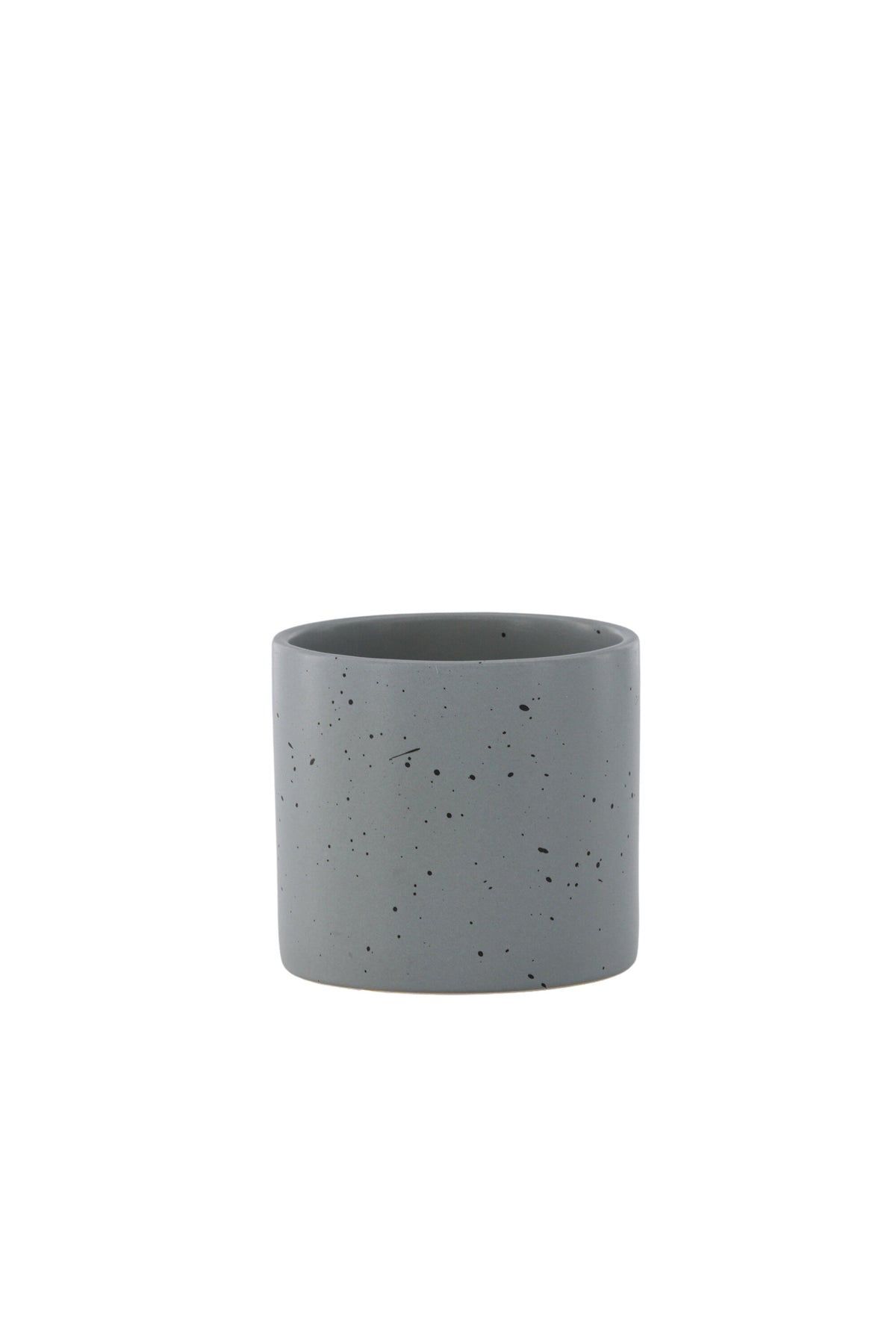 Schwarz-dunkelgraue Vase Sane aus Steinzeug mit gepunktetem Muster, rundlicher Form, Durchmesser 11 cm und Höhe 10 cm.