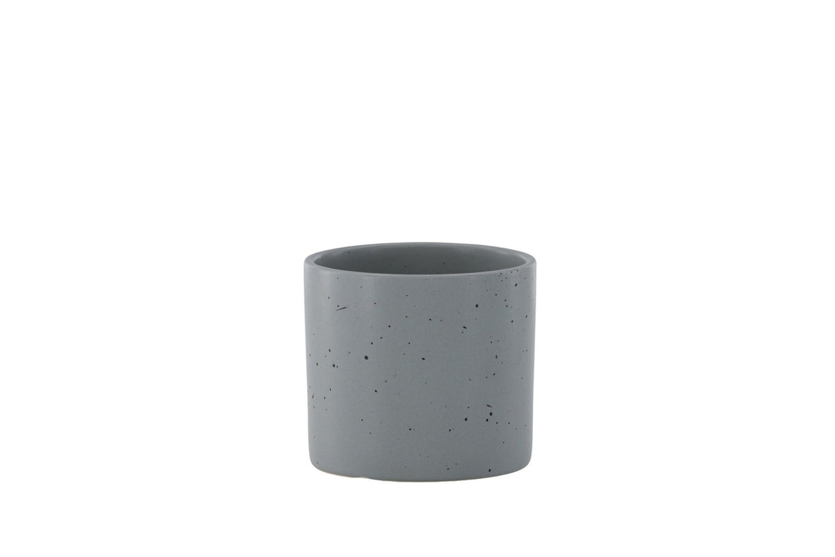 Schwarz-dunkelgraue Vase Sane aus Steinzeug mit gepunktetem Muster, rundlicher Form, Durchmesser 11 cm und Höhe 10 cm.