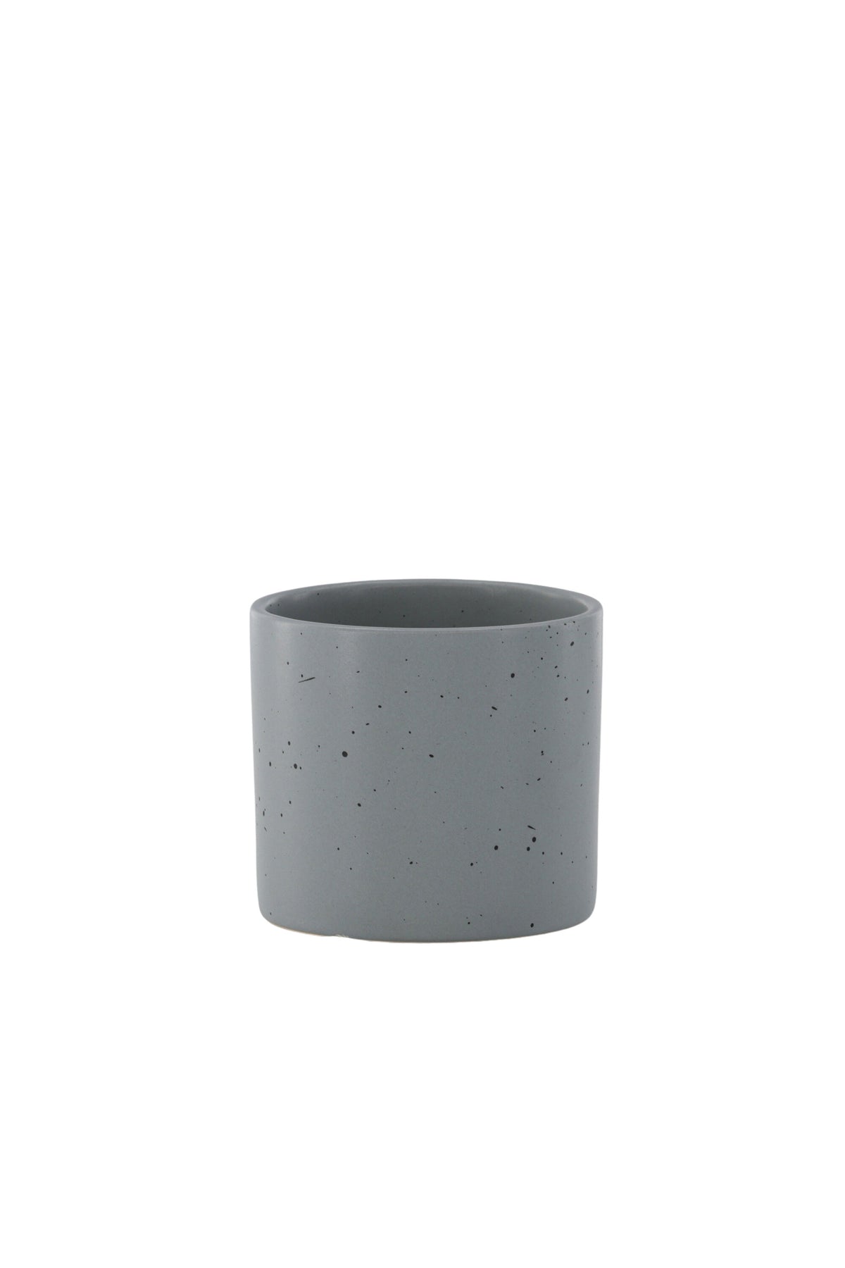 Schwarz-dunkelgraue Vase Sane aus Steinzeug mit gepunktetem Muster, rundlicher Form, Durchmesser 11 cm und Höhe 10 cm.