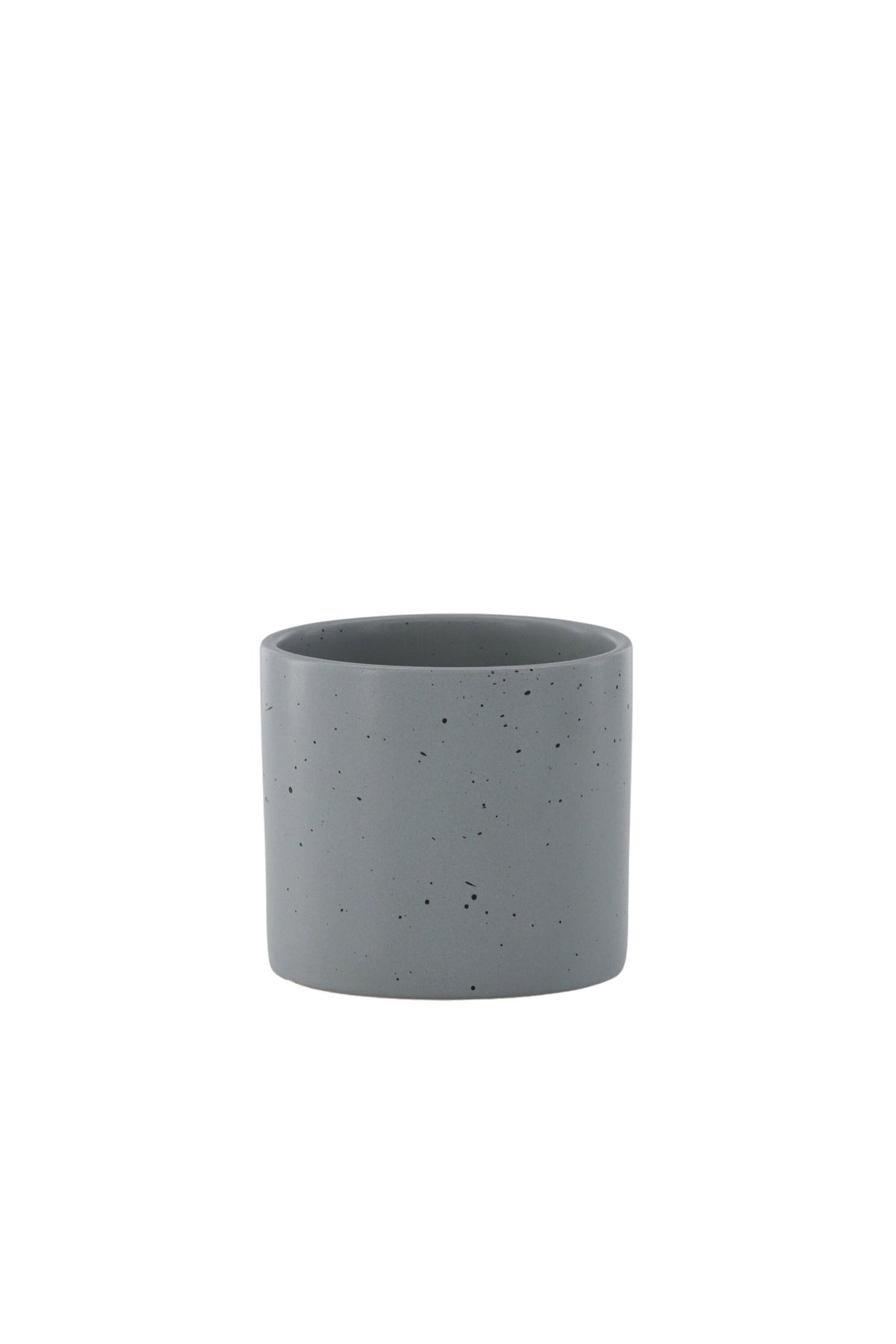 Schwarz-dunkelgraue Vase Sane aus Steinzeug mit gepunktetem Muster, rundlicher Form, Durchmesser 11 cm und Höhe 10 cm.