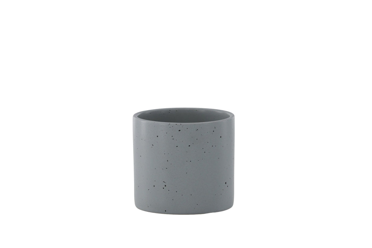 Schwarz-dunkelgraue Vase Sane aus Steinzeug mit gepunktetem Muster, rundlicher Form, Durchmesser 11 cm und Höhe 10 cm.