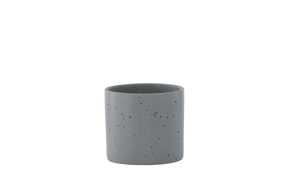 Schwarz-dunkelgraue Vase Sane aus Steinzeug mit gepunktetem Muster, rundlicher Form, Durchmesser 11 cm und Höhe 10 cm.