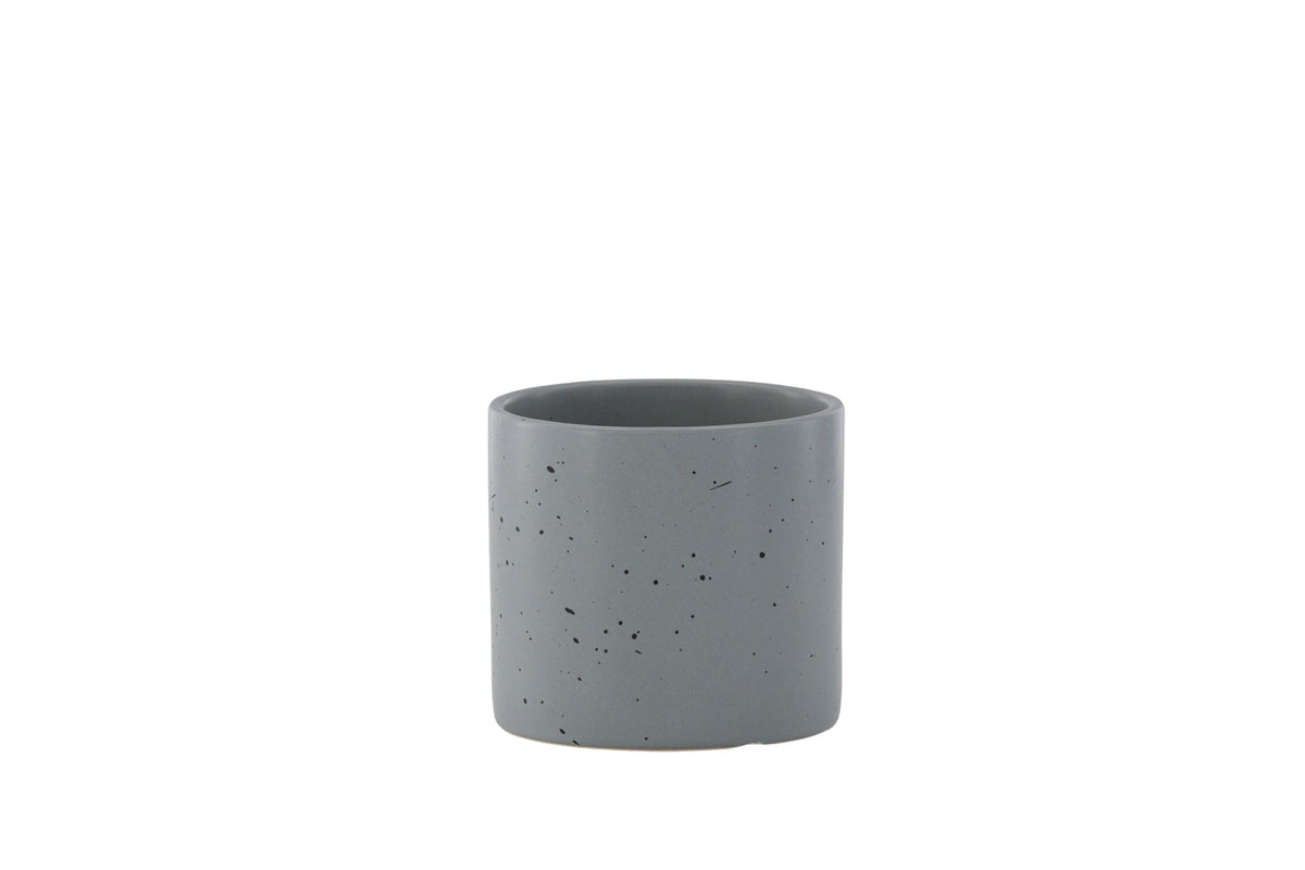 Schwarz-dunkelgraue Vase Sane aus Steinzeug mit gepunktetem Muster, rundlicher Form, Durchmesser 11 cm und Höhe 10 cm.