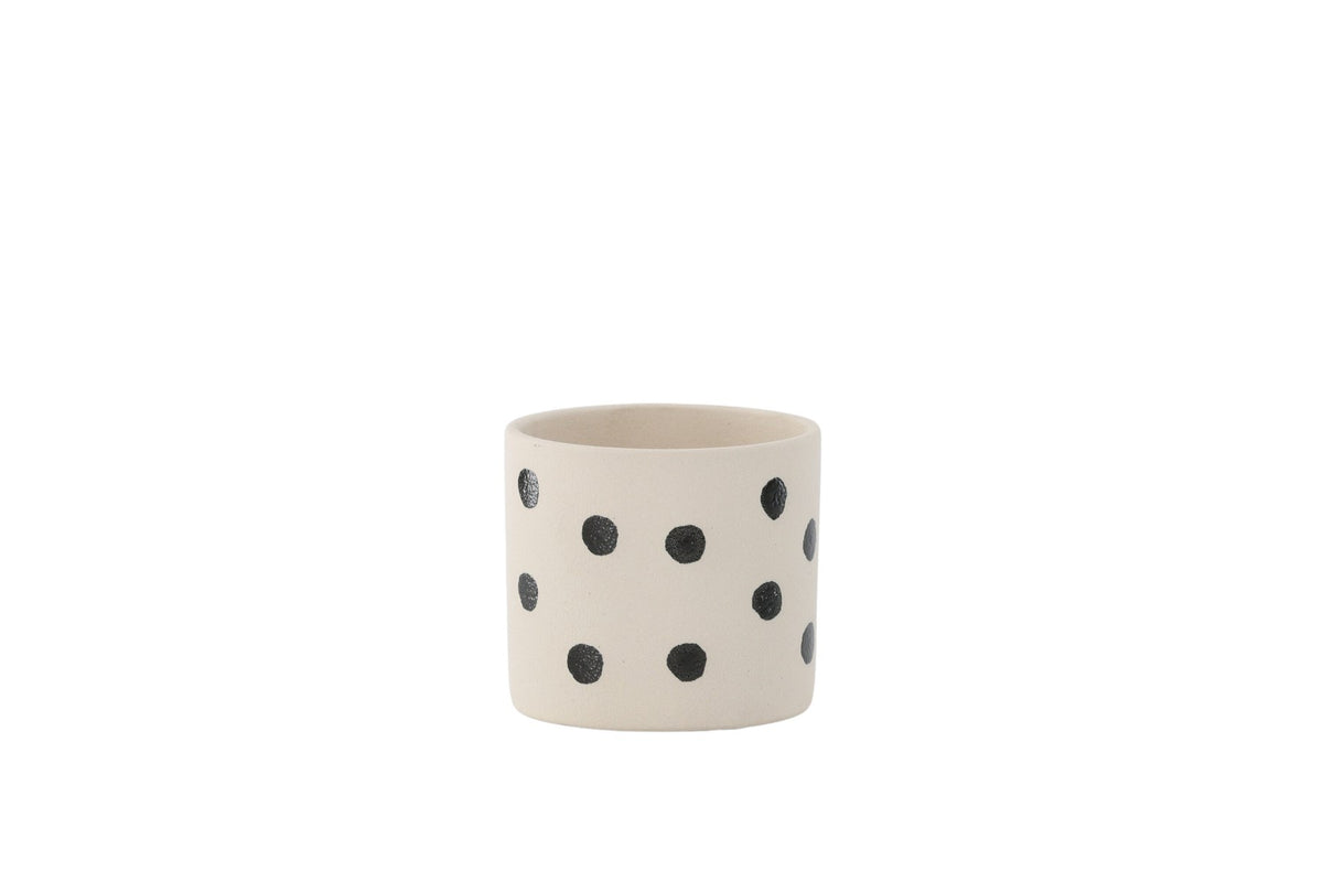 Schwarz-dunkelgraue Vase Sane aus Steinzeug mit gepunktetem Muster, rundlicher Form, Durchmesser 11 cm und Höhe 10 cm.