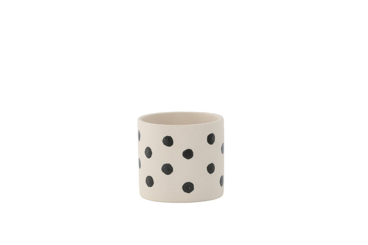 Schwarz-dunkelgraue Vase Sane aus Steinzeug mit gepunktetem Muster, rundlicher Form, Durchmesser 11 cm und Höhe 10 cm.