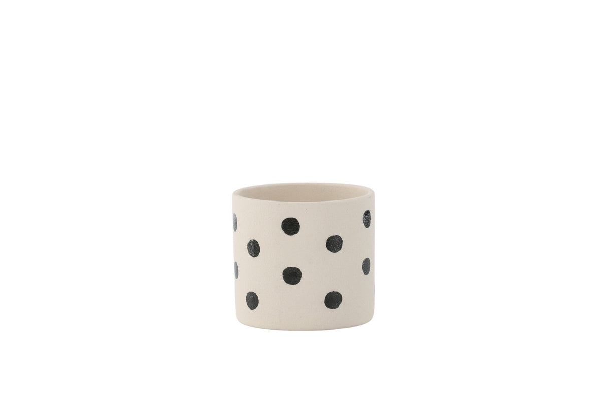 Schwarz-dunkelgraue Vase Sane aus Steinzeug mit gepunktetem Muster, rundlicher Form, Durchmesser 11 cm und Höhe 10 cm.