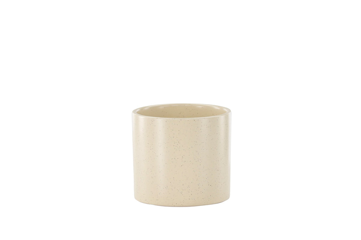 Schwarz-dunkelgraue Vase Sane aus Steinzeug mit gepunktetem Muster, rundlicher Form, Durchmesser 11 cm und Höhe 10 cm.
