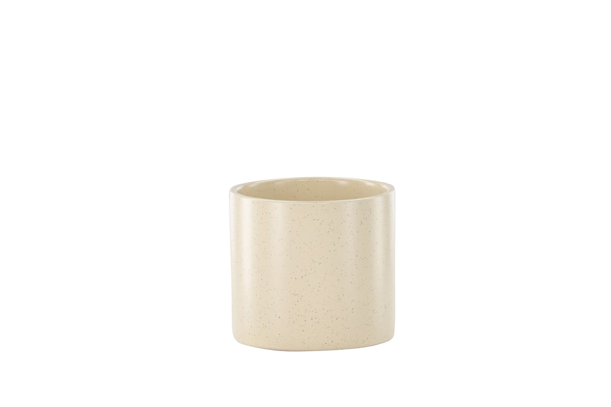 Schwarz-dunkelgraue Vase Sane aus Steinzeug mit gepunktetem Muster, rundlicher Form, Durchmesser 11 cm und Höhe 10 cm.
