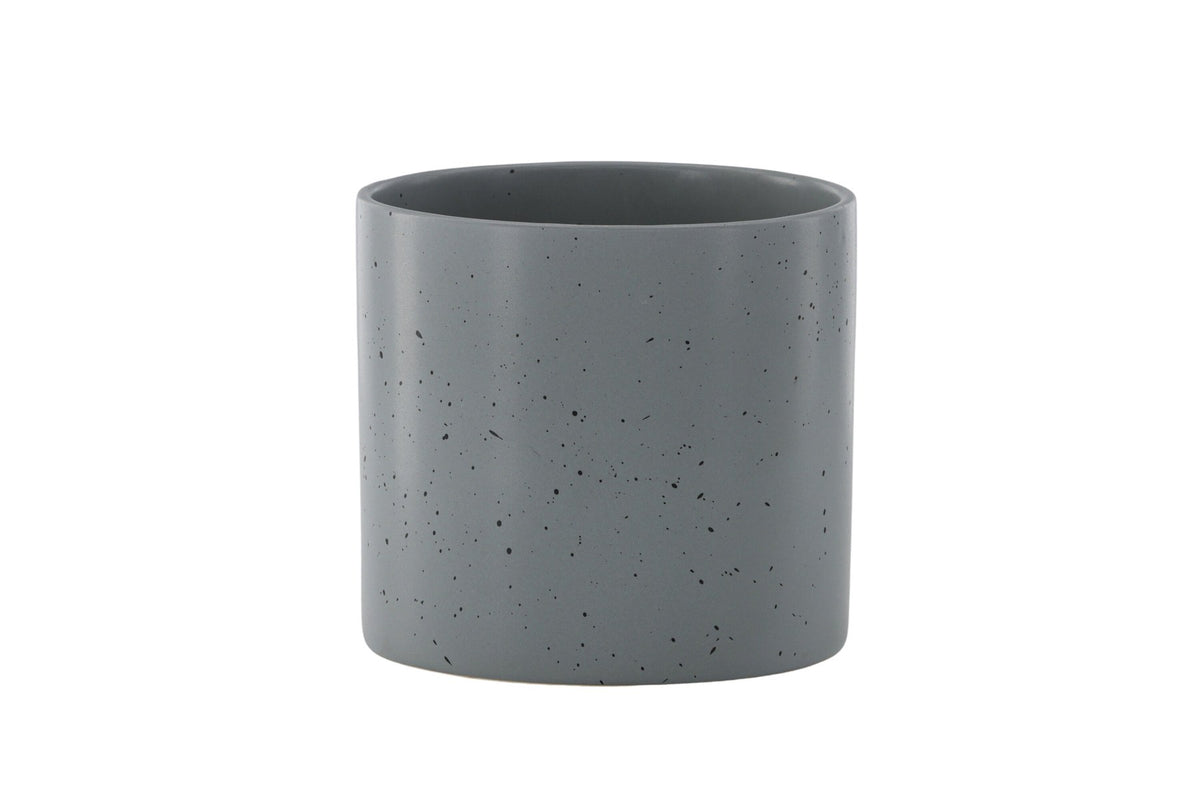 Schwarz-dunkelgraue Vase Sane aus Steinzeug mit gepunktetem Muster, rundlicher Form, Durchmesser 11 cm und Höhe 10 cm.