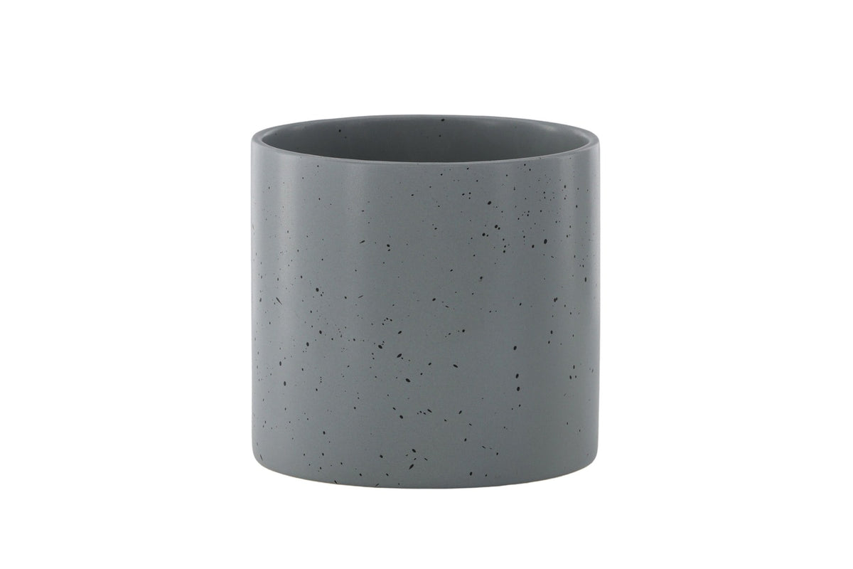 Schwarz-dunkelgraue Vase Sane aus Steinzeug mit gepunktetem Muster, rundlicher Form, Durchmesser 11 cm und Höhe 10 cm.