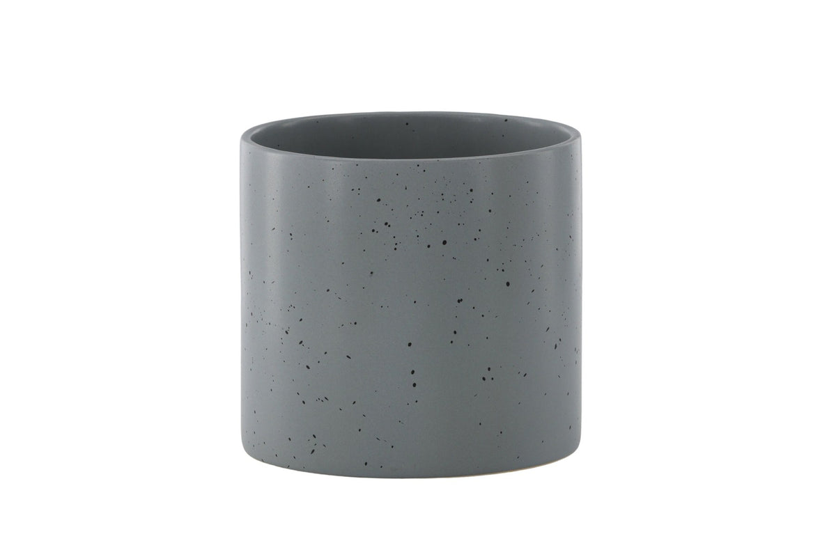 Schwarz-dunkelgraue Vase Sane aus Steinzeug mit gepunktetem Muster, rundlicher Form, Durchmesser 11 cm und Höhe 10 cm.