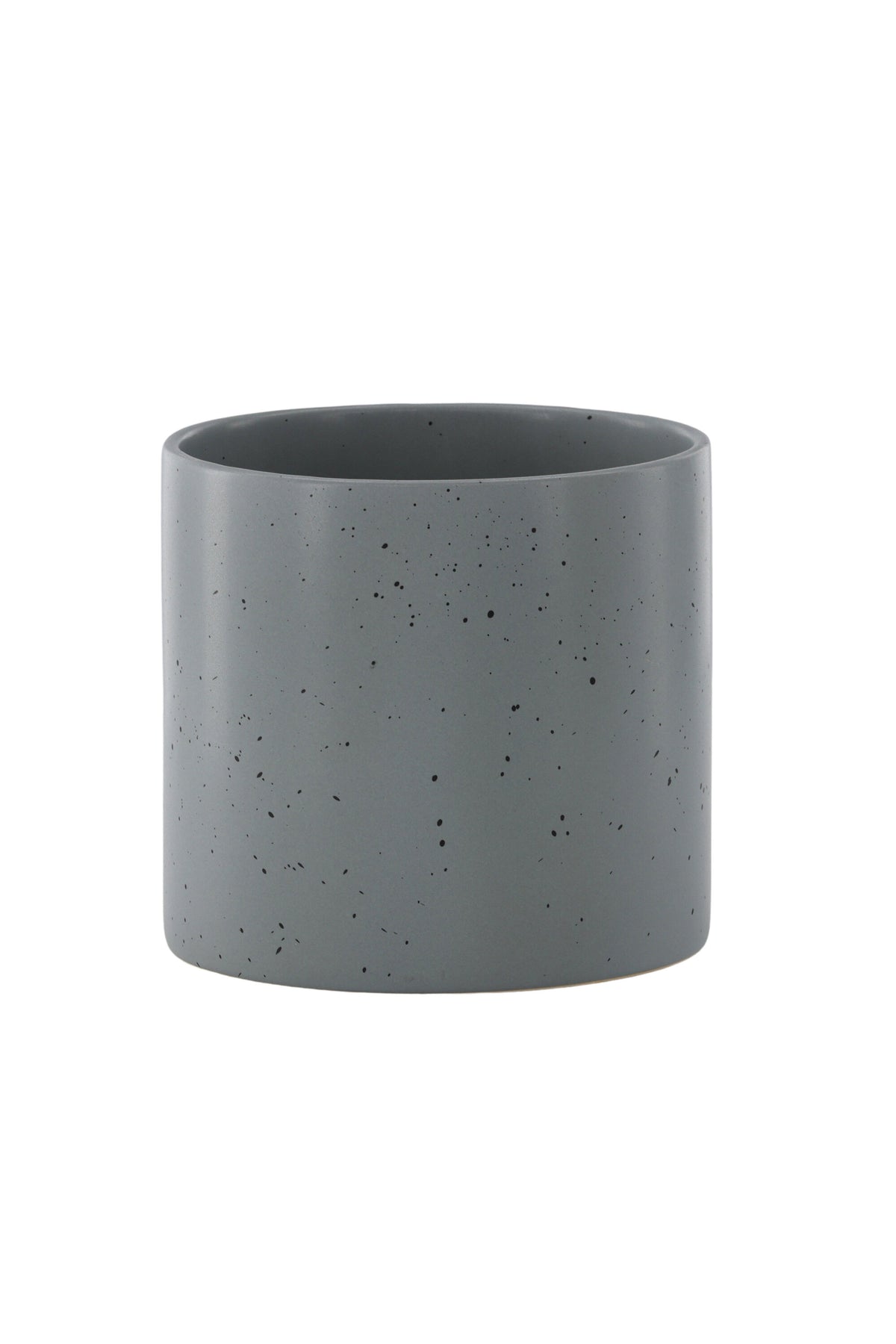 Schwarz-dunkelgraue Vase Sane aus Steinzeug mit gepunktetem Muster, rundlicher Form, Durchmesser 11 cm und Höhe 10 cm.