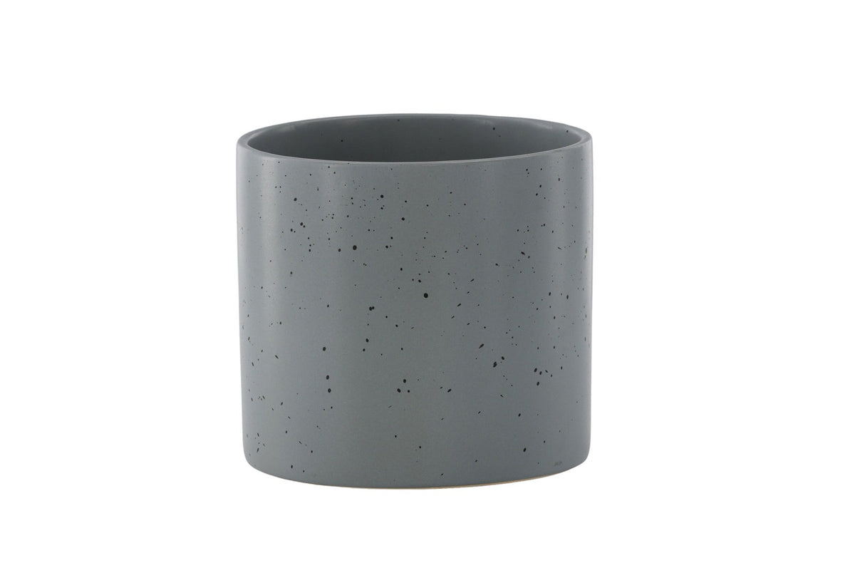Schwarz-dunkelgraue Vase Sane aus Steinzeug mit gepunktetem Muster, rundlicher Form, Durchmesser 11 cm und Höhe 10 cm.