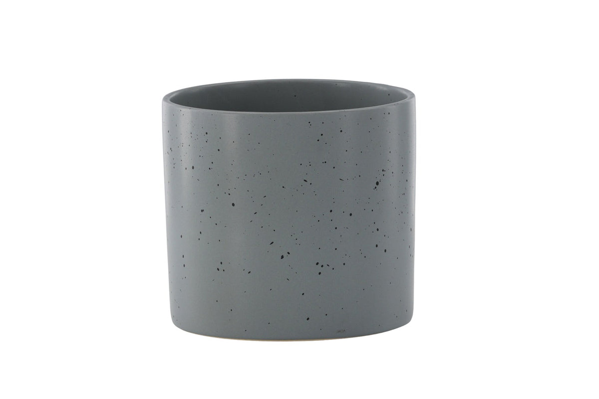 Schwarz-dunkelgraue Vase Sane aus Steinzeug mit gepunktetem Muster, rundlicher Form, Durchmesser 11 cm und Höhe 10 cm.