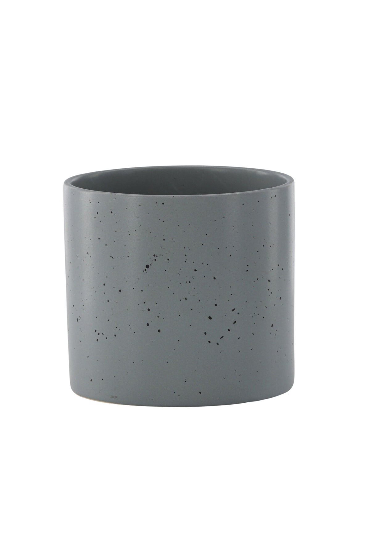 Schwarz-dunkelgraue Vase Sane aus Steinzeug mit gepunktetem Muster, rundlicher Form, Durchmesser 11 cm und Höhe 10 cm.