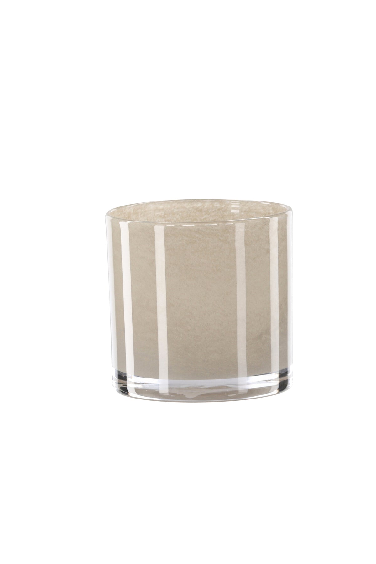 Weisser runder Teelichthalter Glora aus Glas, Durchmesser 8 cm, Höhe 8 cm, schlichte, transparente Oberfläche mit dünner Wandstärke.