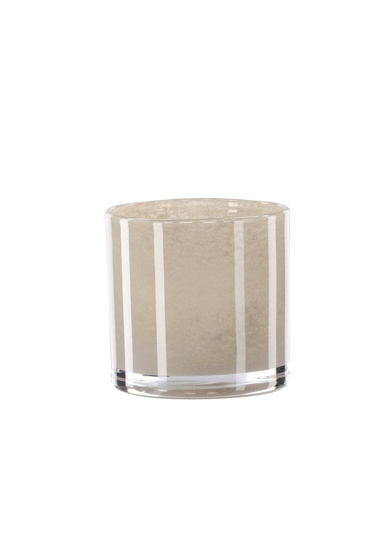 Weisser runder Teelichthalter Glora aus Glas, Durchmesser 8 cm, Höhe 8 cm, schlichte, transparente Oberfläche mit dünner Wandstärke.