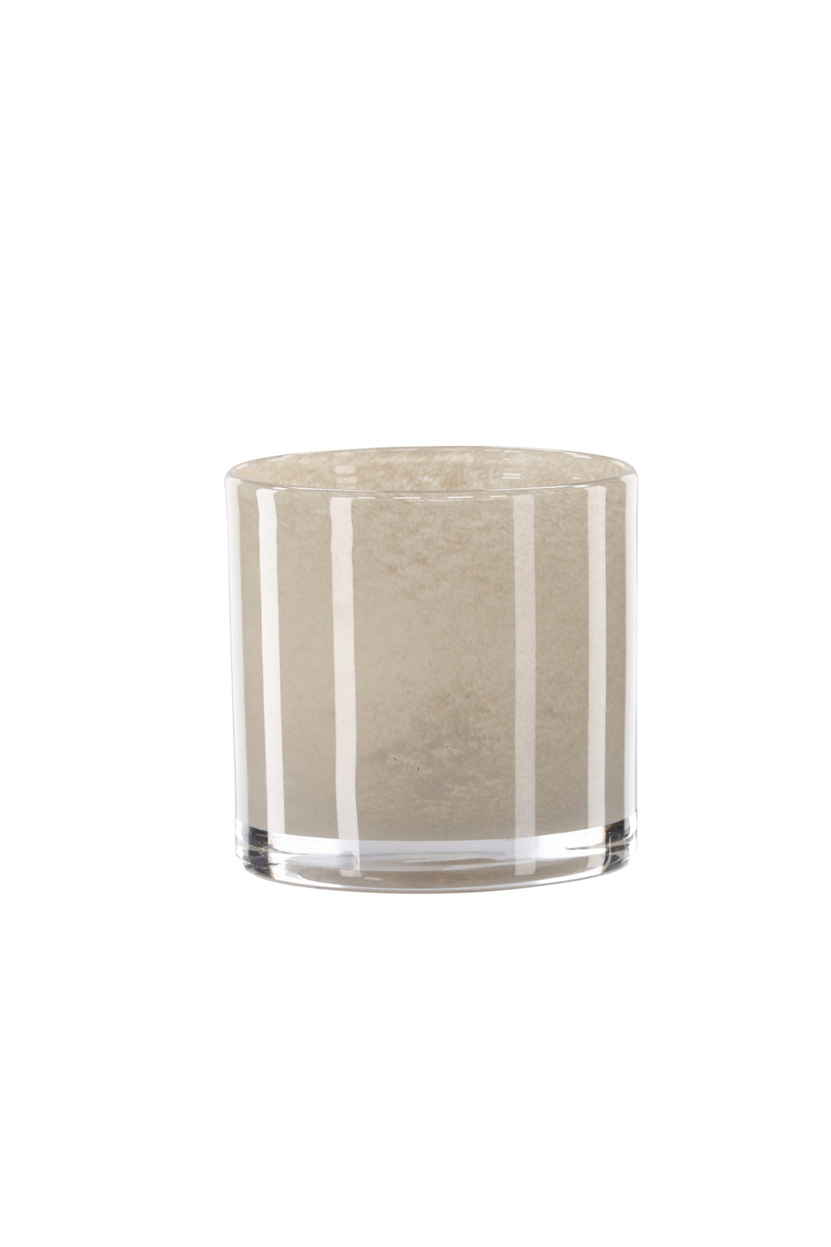 Weisser runder Teelichthalter Glora aus Glas, Durchmesser 8 cm, Höhe 8 cm, schlichte, transparente Oberfläche mit dünner Wandstärke.