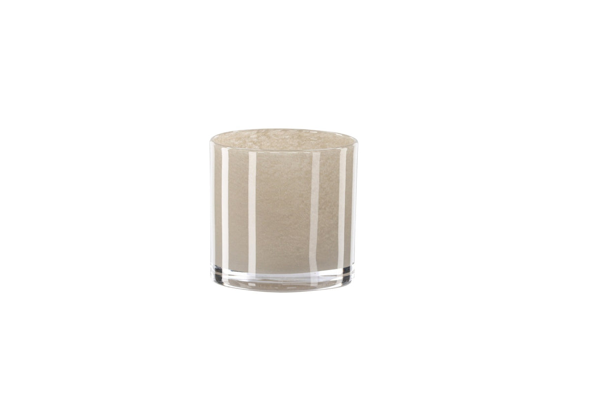 Weisser runder Teelichthalter Glora aus Glas, Durchmesser 8 cm, Höhe 8 cm, schlichte, transparente Oberfläche mit dünner Wandstärke.