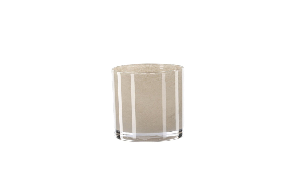 Weisser runder Teelichthalter Glora aus Glas, Durchmesser 8 cm, Höhe 8 cm, schlichte, transparente Oberfläche mit dünner Wandstärke.