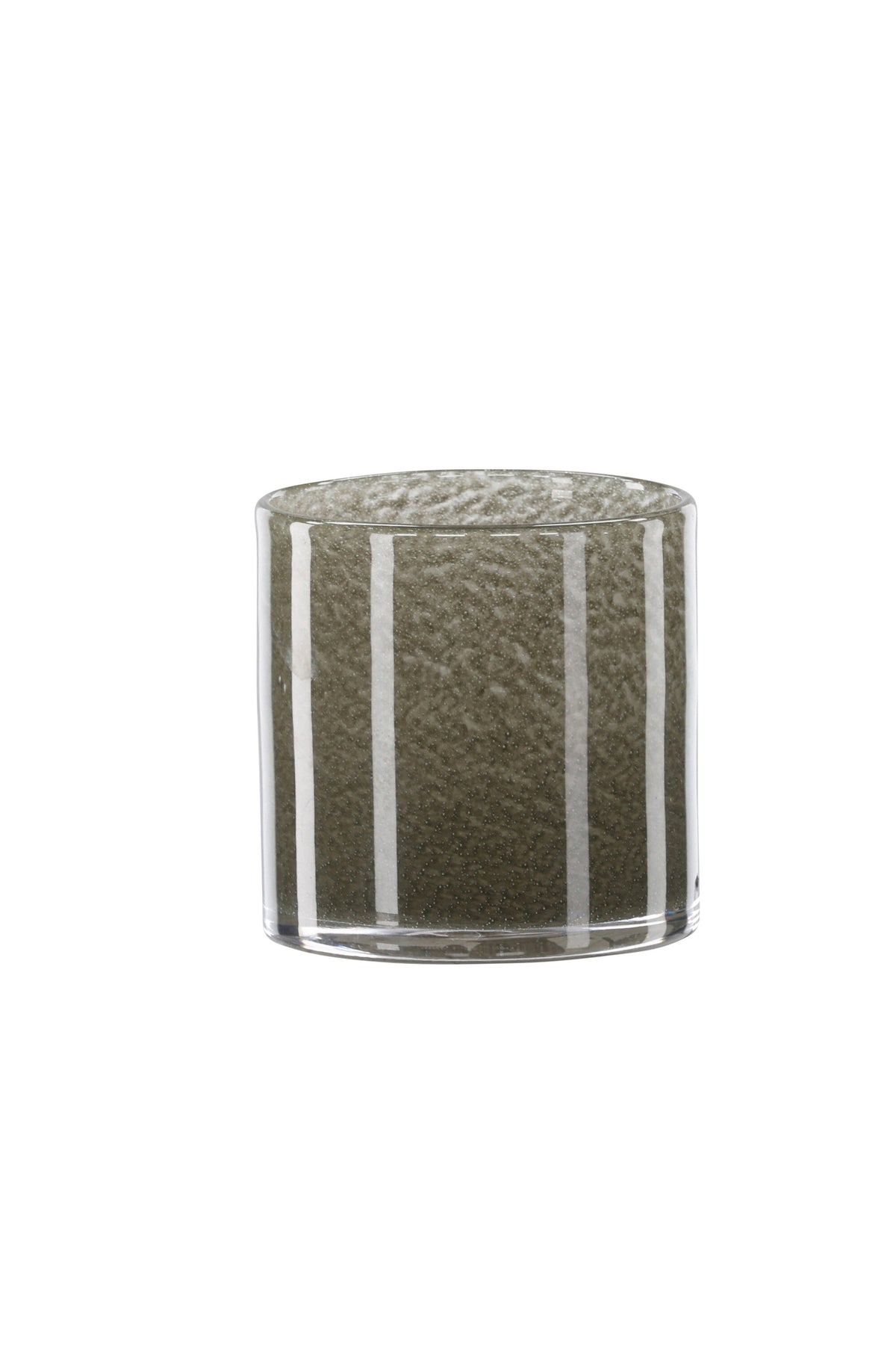 Weisser runder Teelichthalter Glora aus Glas, Durchmesser 8 cm, Höhe 8 cm, schlichte, transparente Oberfläche mit dünner Wandstärke.