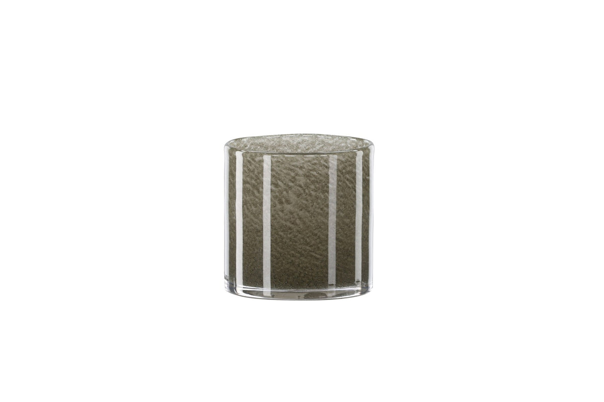 Weisser runder Teelichthalter Glora aus Glas, Durchmesser 8 cm, Höhe 8 cm, schlichte, transparente Oberfläche mit dünner Wandstärke.