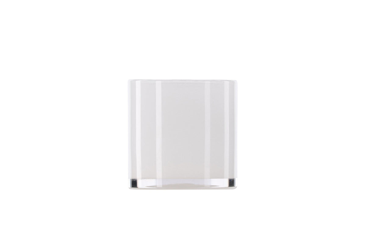 Weisser runder Teelichthalter Glora aus Glas, Durchmesser 8 cm, Höhe 8 cm, schlichte, transparente Oberfläche mit dünner Wandstärke.
