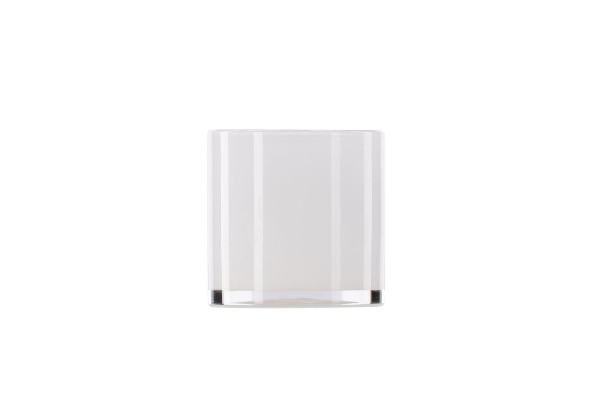 Weisser runder Teelichthalter Glora aus Glas, Durchmesser 8 cm, Höhe 8 cm, schlichte, transparente Oberfläche mit dünner Wandstärke.