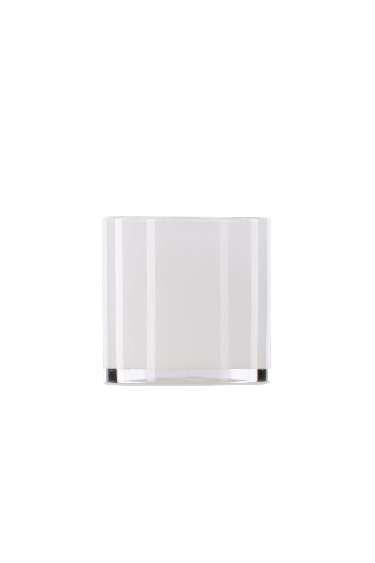 Weisser runder Teelichthalter Glora aus Glas, Durchmesser 8 cm, Höhe 8 cm, schlichte, transparente Oberfläche mit dünner Wandstärke.
