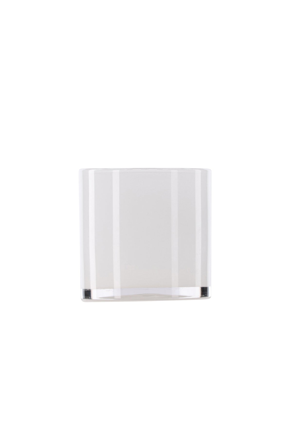 Weisser runder Teelichthalter Glora aus Glas, Durchmesser 8 cm, Höhe 8 cm, schlichte, transparente Oberfläche mit dünner Wandstärke.